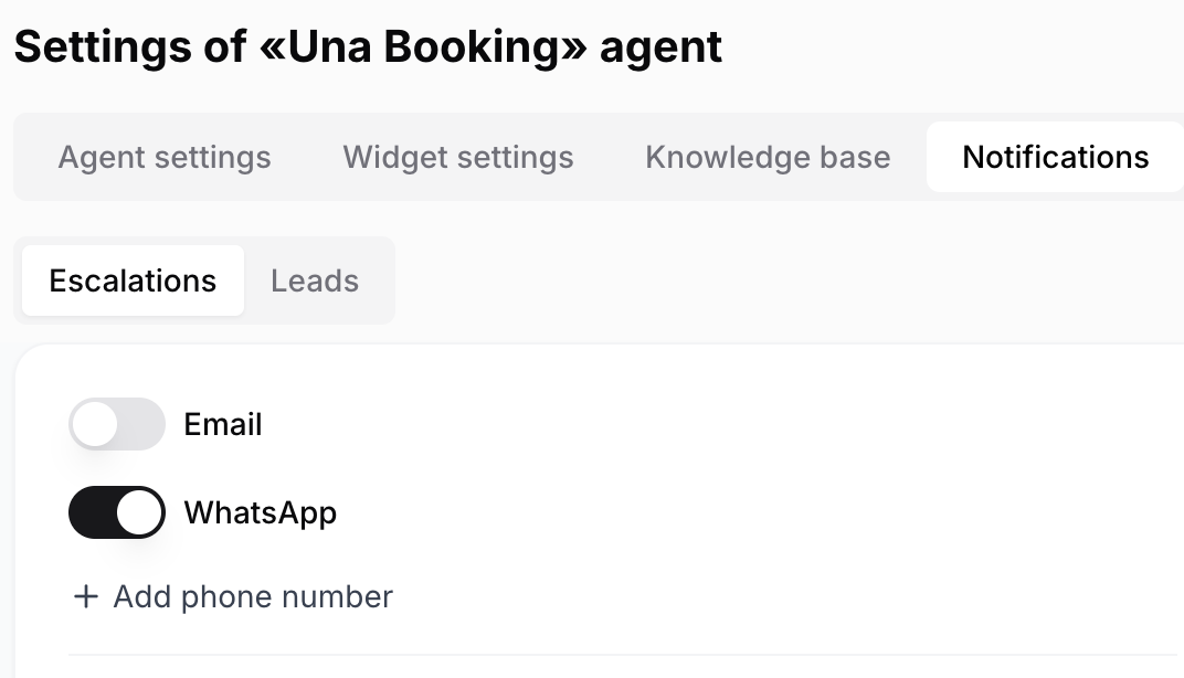 WhatsApp notifications enabled with the option to add phone numbers