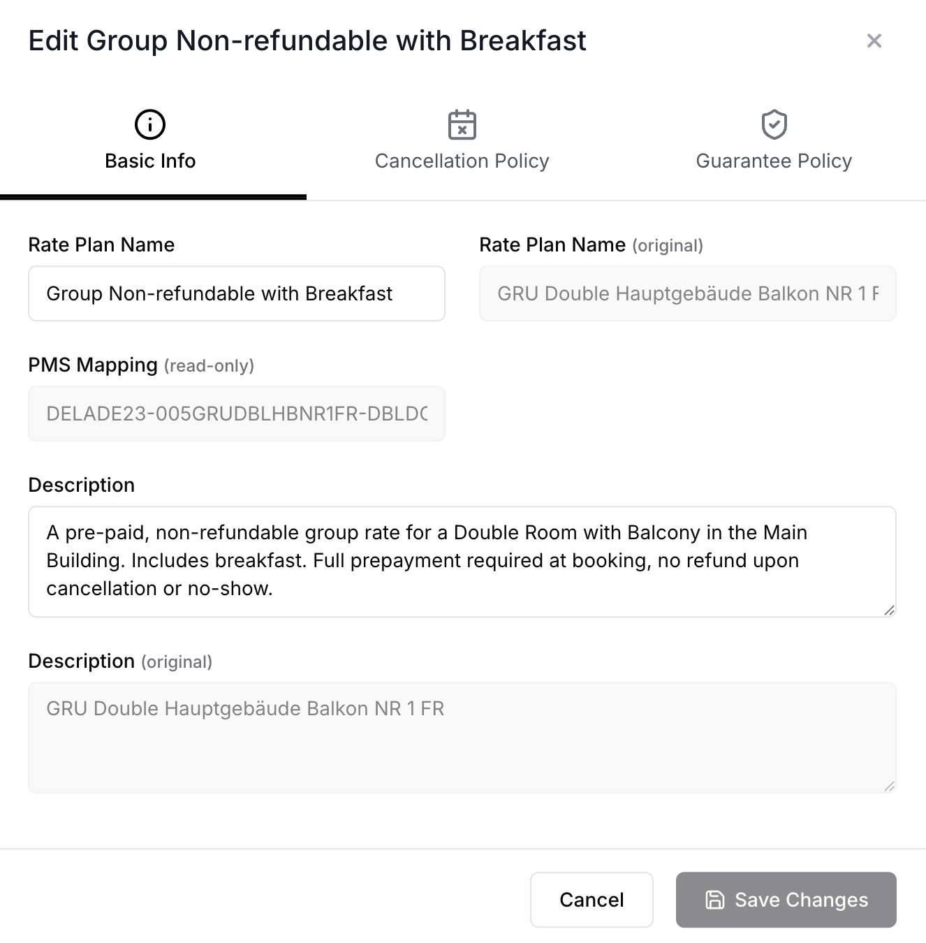 Rate plan editor showing Basic Info tab with name, description, and original PMS fields