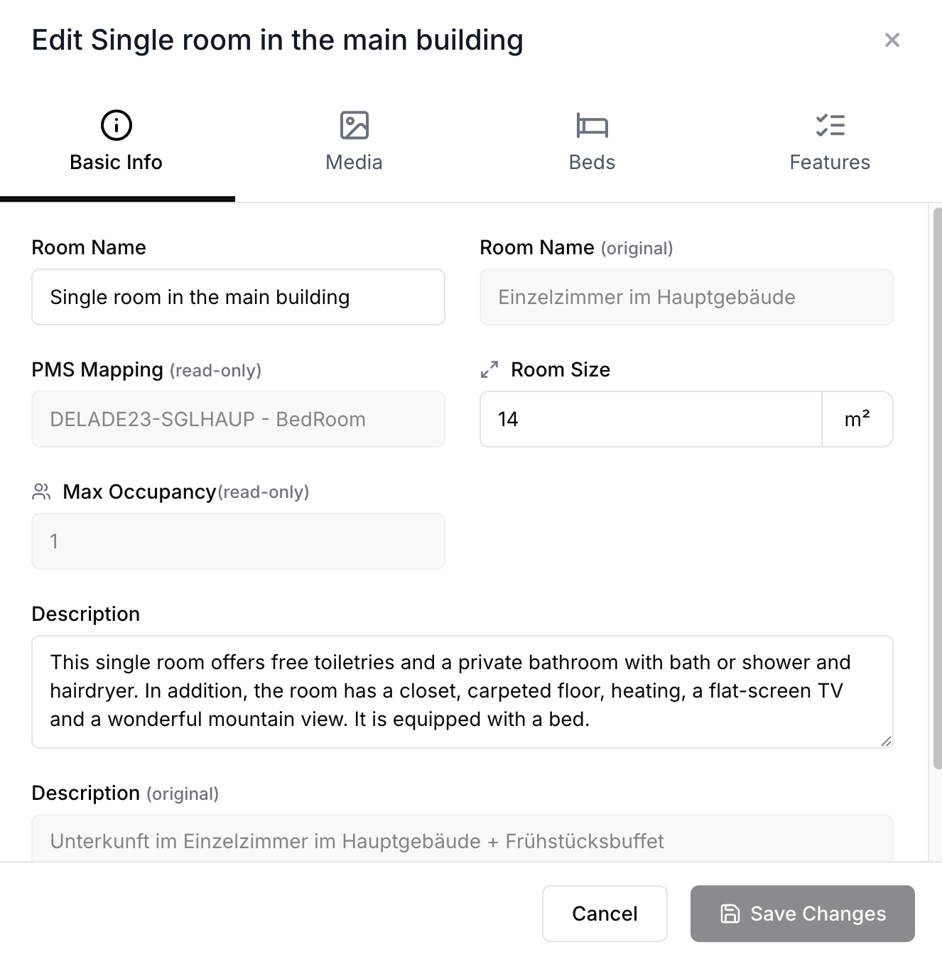 Room type editor showing Basic Info tab with name, description, size, and original PMS fields