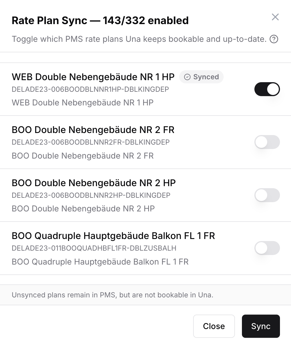 Sync Manager showing rate plans with toggle switches and Sync button